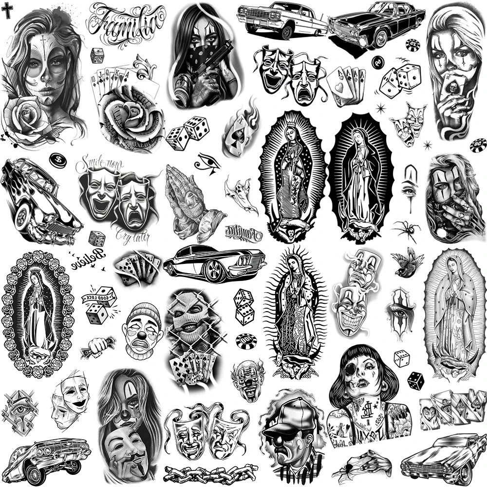 Chicano Bandit tatuajes temporales de México para hombres y mujeres, coche falso, tatuaje de monja, pegatinas de religión, espalda realista,