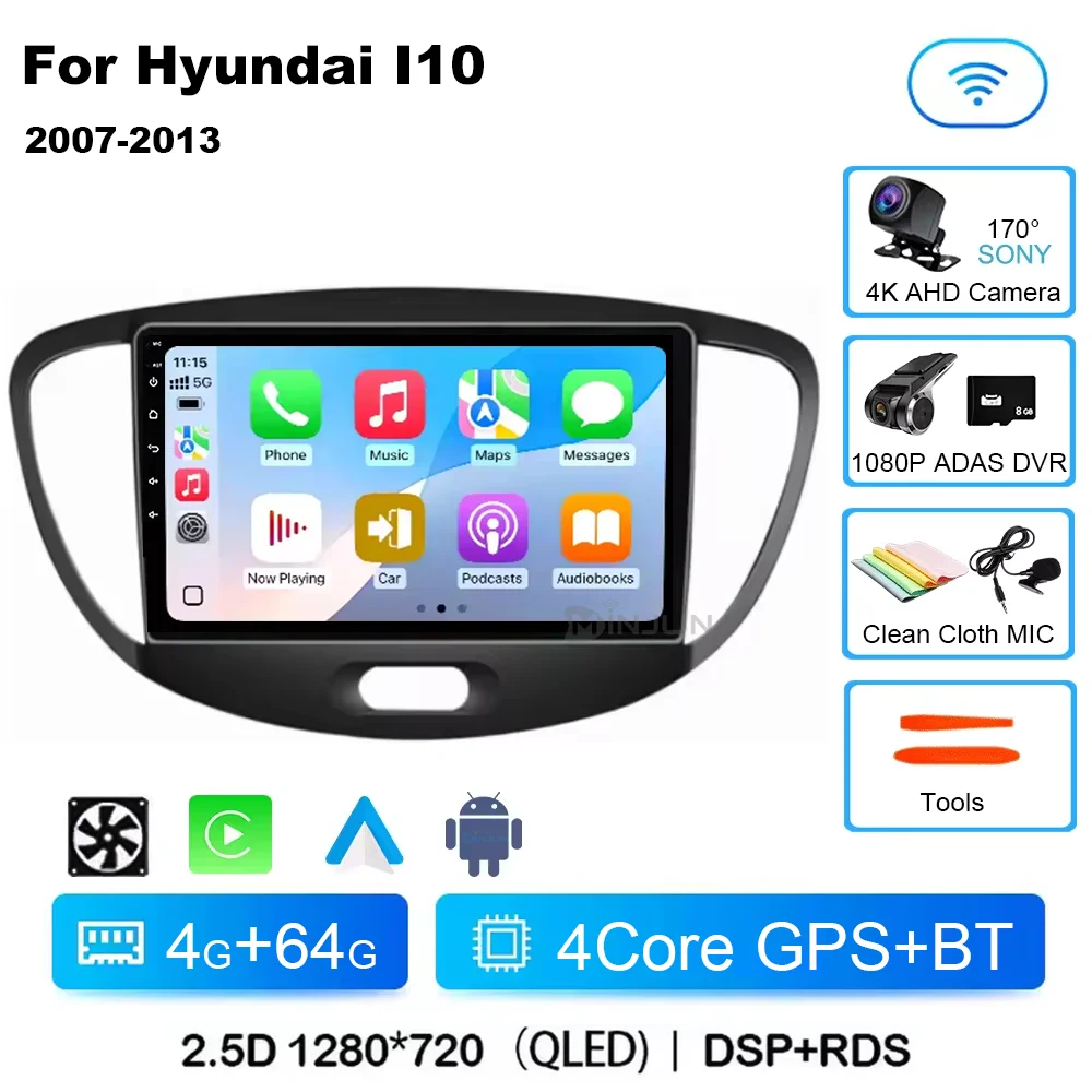 Android 15 CarPlay Auto Qualcomm Autoradio Voor Hyundai i10 2007 2008 2009 2010 2011 2012 2013 GPS Multimedia Speler stereo - afbeelding 1