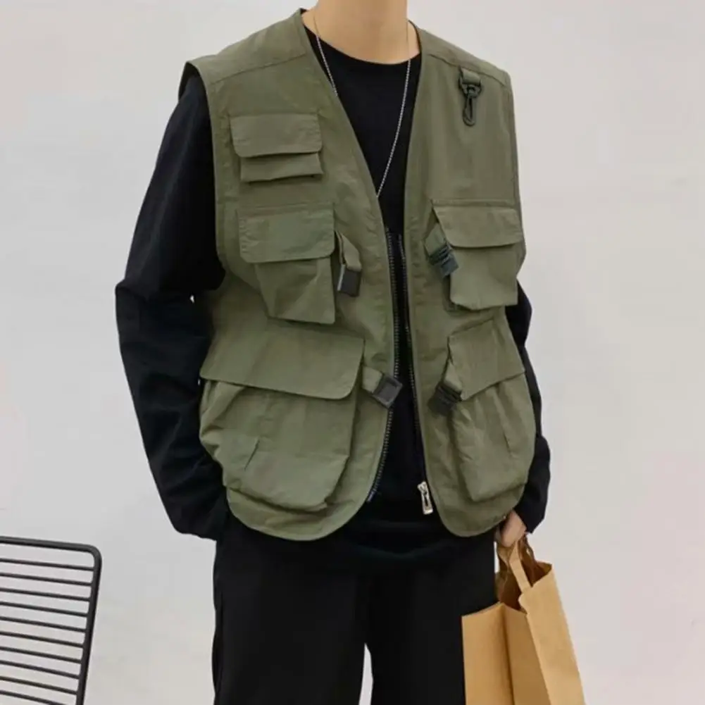 Men Cargo Vest Coat Solid Color Multi Pockets Zipper Buckle Placket Waistcoat V-neck Sleeveless Men Outerwear Men's Clothing