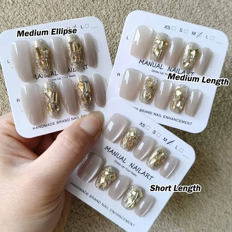 10Pcs Women Gray Champagne Color Popular Diamond Studded Handmade Design Press on Nails Fake Nail Tips Daily Wear Nail Art