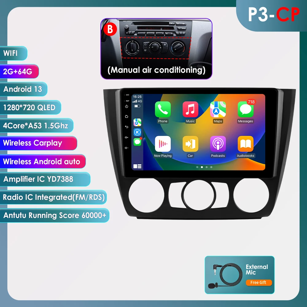 2DIN Carplay Android Auto Radio voor BMW E87 E88 E82 E81 2004-2011 met intelligente systemen, multimediaspeler, GPS, audio, 360° camera en 4G