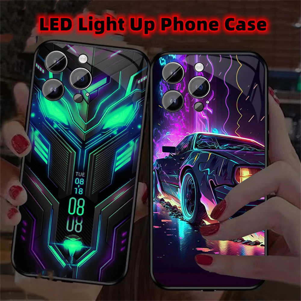 So Cool Mech Mask Design Smart LED Light Glowing Tempered Glass Phone Case For iPhone 16 15 14 13 12 11 Pro Max XR XS Plus