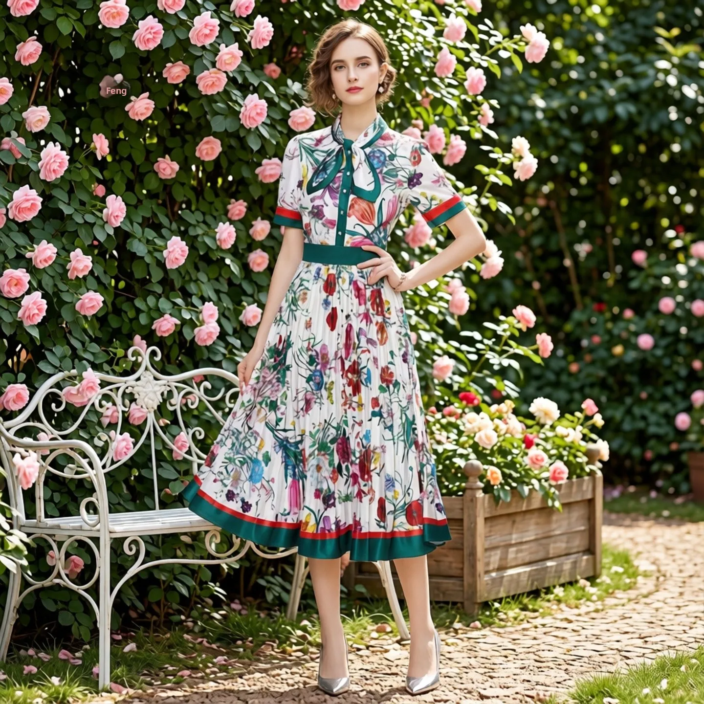Elegant Celebrity Style Midi Dress Large Floral Print Knee-Length plus Size Women's Fashionable Spring Shirt Dress High Waist image 4