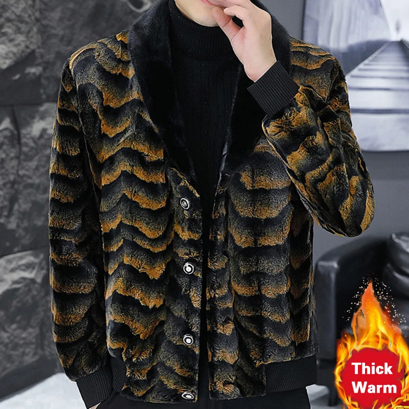 Winter Jacke Men Faux Leather Jacket Men Imitation Fur Trend Veste Homme Top Quality Zebra Strip Contrast Color Men Coat Herren