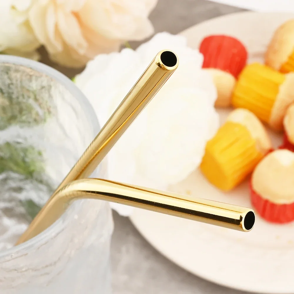 Gold 6Pcs Reusable Metal Straws Set with Cleaner Brush 304 Stainless Steel Drinking Straw Milk Drinkware Bar Party Accessory