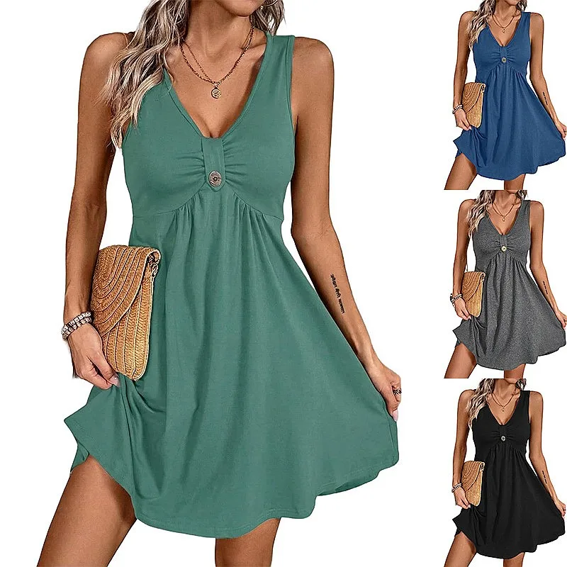 Women's V Neck Button Short Sleeve Tee Top Short Skirt Set Spring Summer Solid Color Matching Set
