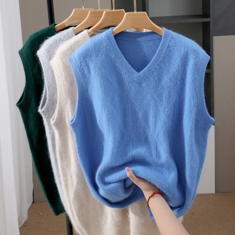 

New Men's V-neck 100% Mink Cashmere Waistcoat Autumn Winter Twist Flower Sleeveless Knit Pullover Cashmere Sweater Vest