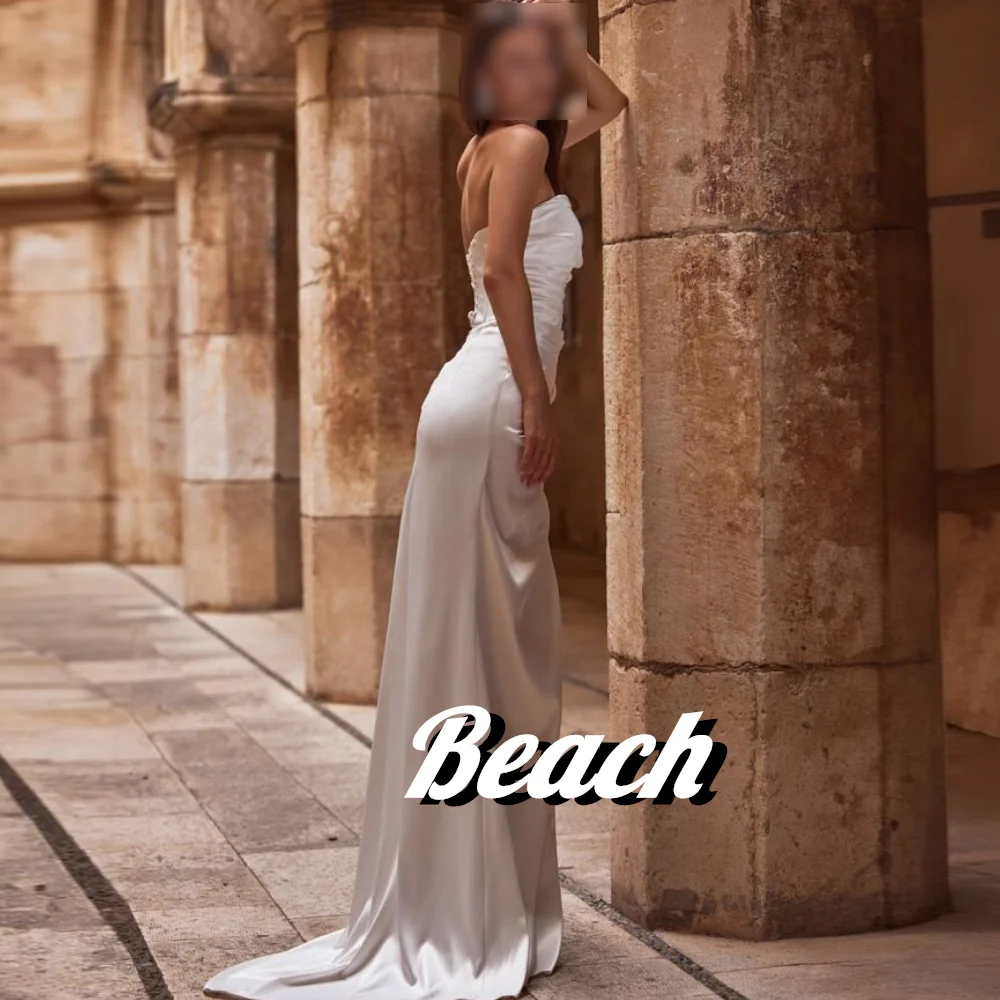 Beach Boat Neck Side Silt Fairy Sweep Train Floor Length Satin Straight Pleats Elegant Party Evening Dresses Woman High Quality