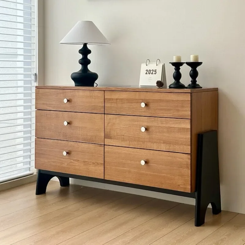 Simple Retro Solid Wood Six-chest Cabinet 3-layer Oak Striped Glass Cabinet With Drawers