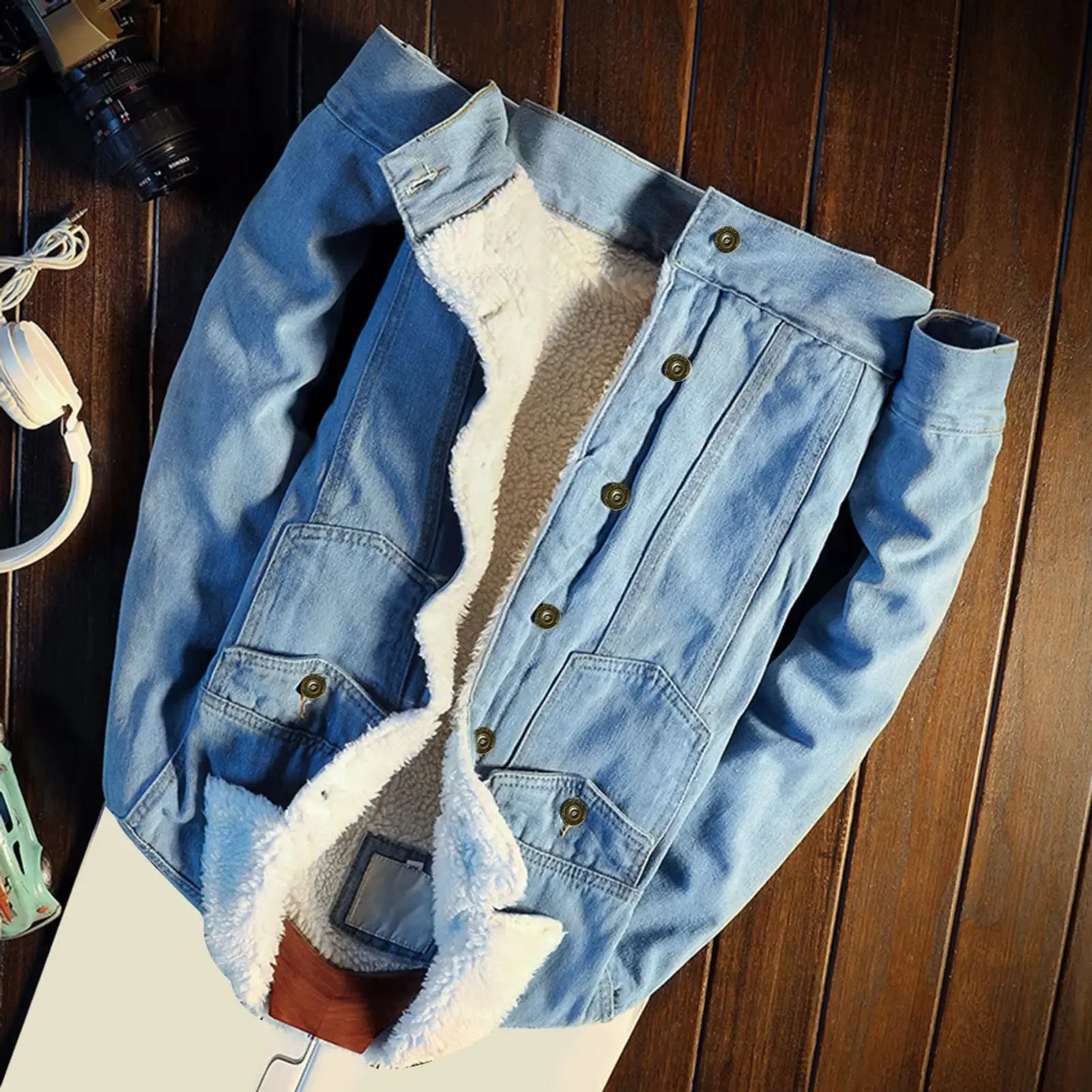Men Warm Denim Coat Winter Jean Jackets Thicken Lamb Wool Liner Cowboy Denim Jacket Lapel Buttons Jean Fleece Denim Jacket