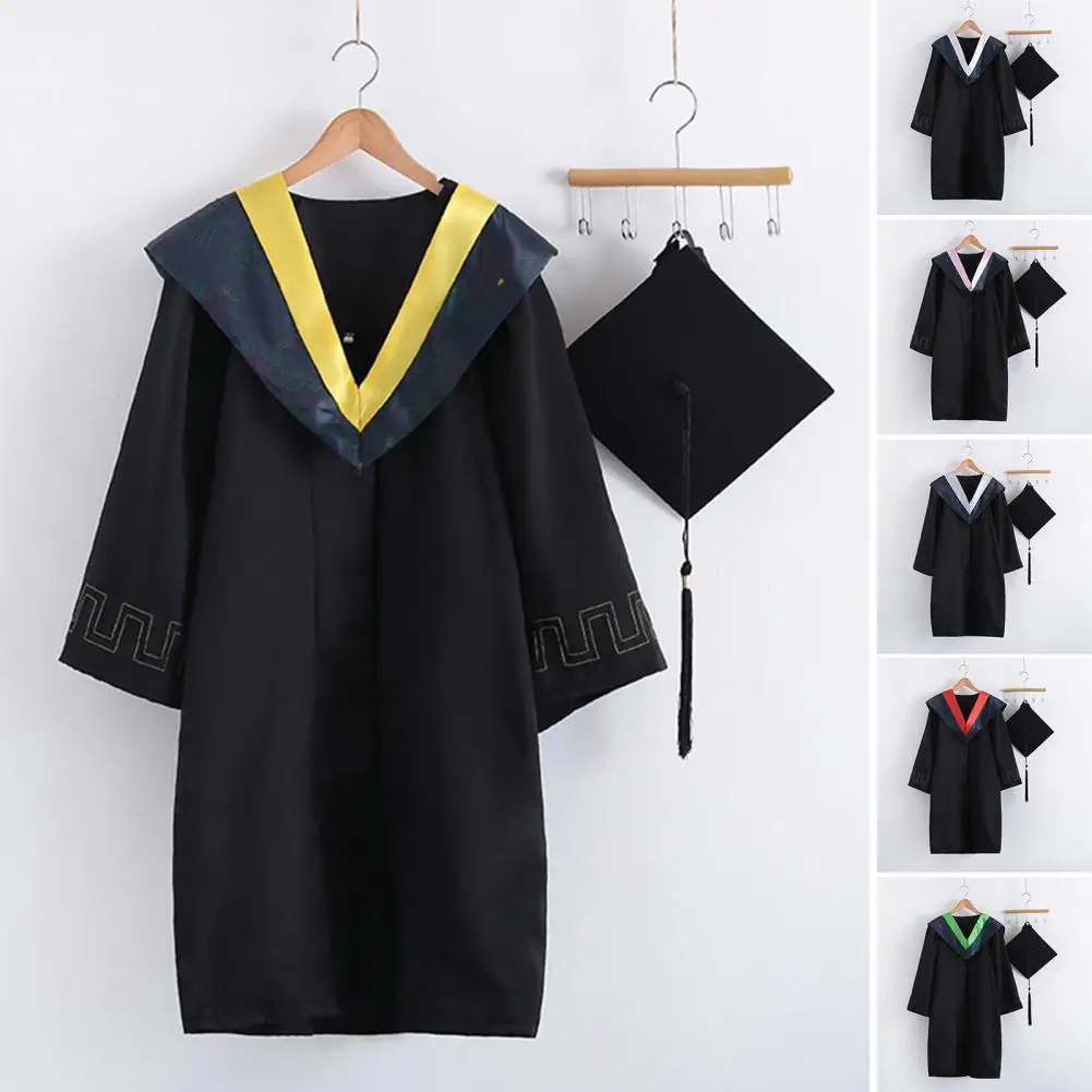 Robe de graduation avec chapeau et col en V, 1 ensemble, beau, uniforme de graduation, touche festive, robe académique de célibataire, fournitures pour étudiants