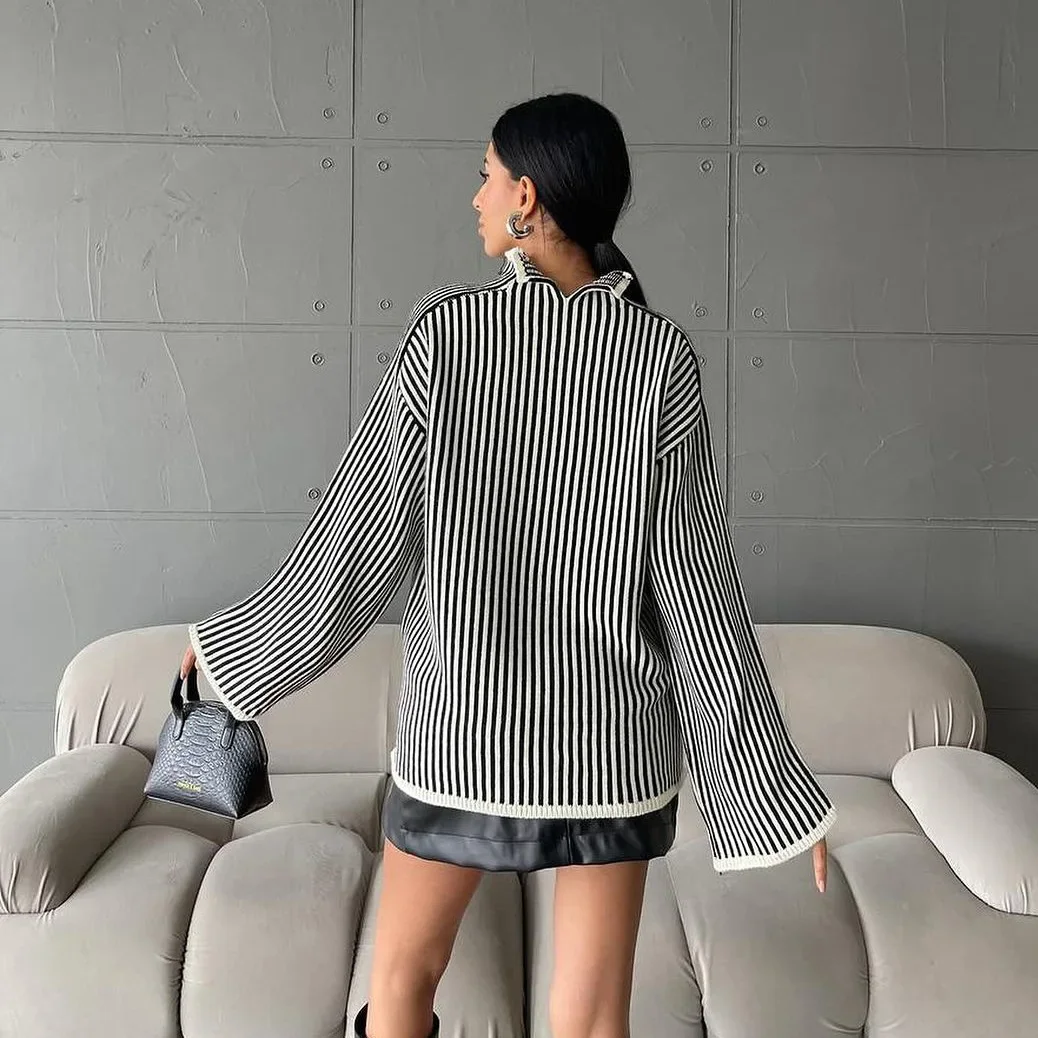 Vertical Striped High Neck Lazy Style Front and Back Two Wearing Flared Sleeve Knitted Sweater