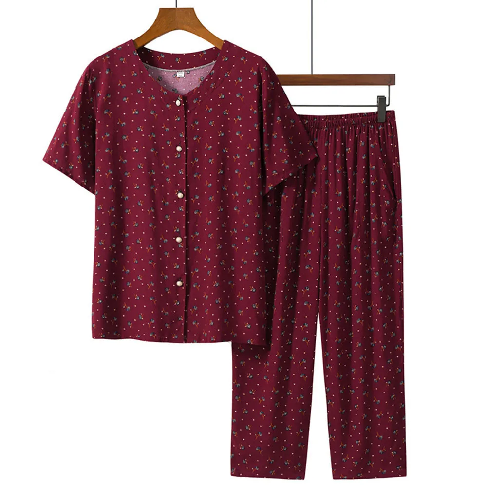 Fdfklak Middle-Aged And Elderly Short Sleeve Sleepwear Loose 2 Pieces Pijama Pjs Loungewear Summer New Sleeping Suit