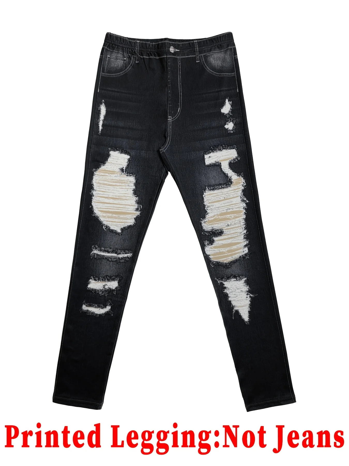 Damen Schwarze Gewaschene Kunstjeanshose mit Rissen und Aufdruck, Enge Lange Hose, Sportlich-Lässig, Hohe Taille, Dehnbar, Nicht-Jeans, Slim Fit Leggings – Detail 5
