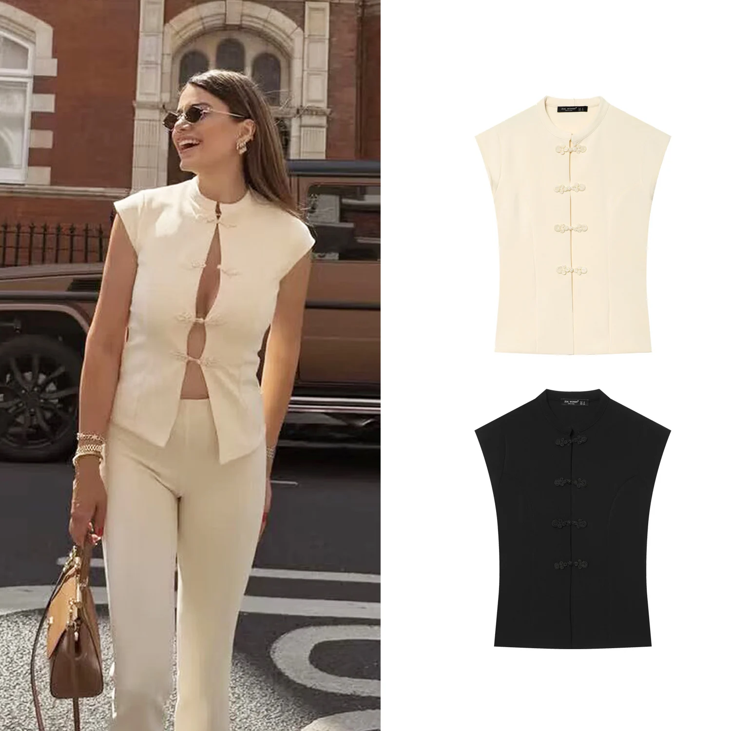Women's Black T-Shirts Summer Female Chic Chinese Style Sleeveless Rope Knot Elastic Shirts Lady Casual High Street Beige Tops
