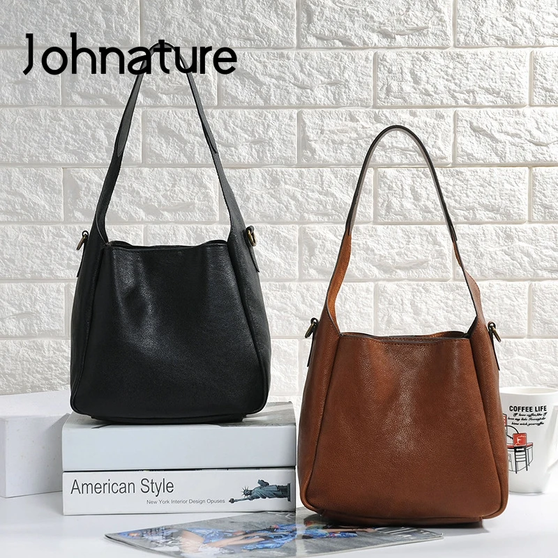 

Johnature Vintage Genuine Leather Women Bag 2024 New Nature Soft Cowhide Large Capacity Solid Color Shoulder & Crossbody Bags