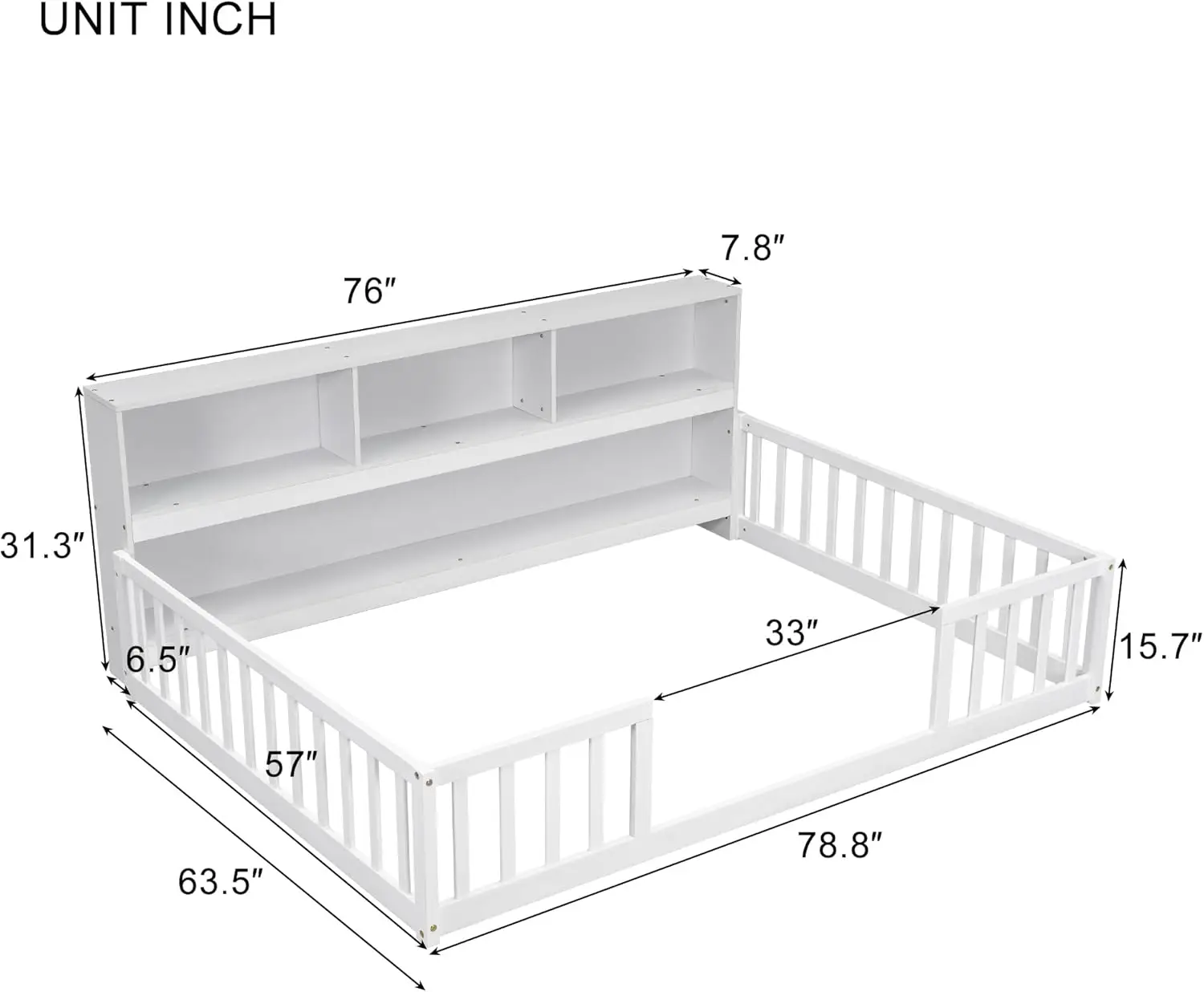 Montessori Floor Bed With Bedside Bookcase And Safety Guardrails, Full Size Solid Pine Wood Floor Bed Frame With Fence, For