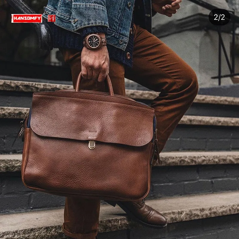 Pełne skórzane torebki męskie Torba biznesowa Teczka ze szkieletowa Gruba skóra bydlęca Vintage Torba na ramię Męska torba na laptopa