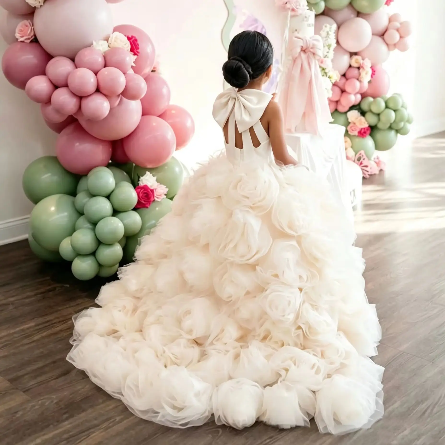White Children Birthday Wedding Dresses High Neck Bow First Communion Gown 3D Floral Customized Princess Dress