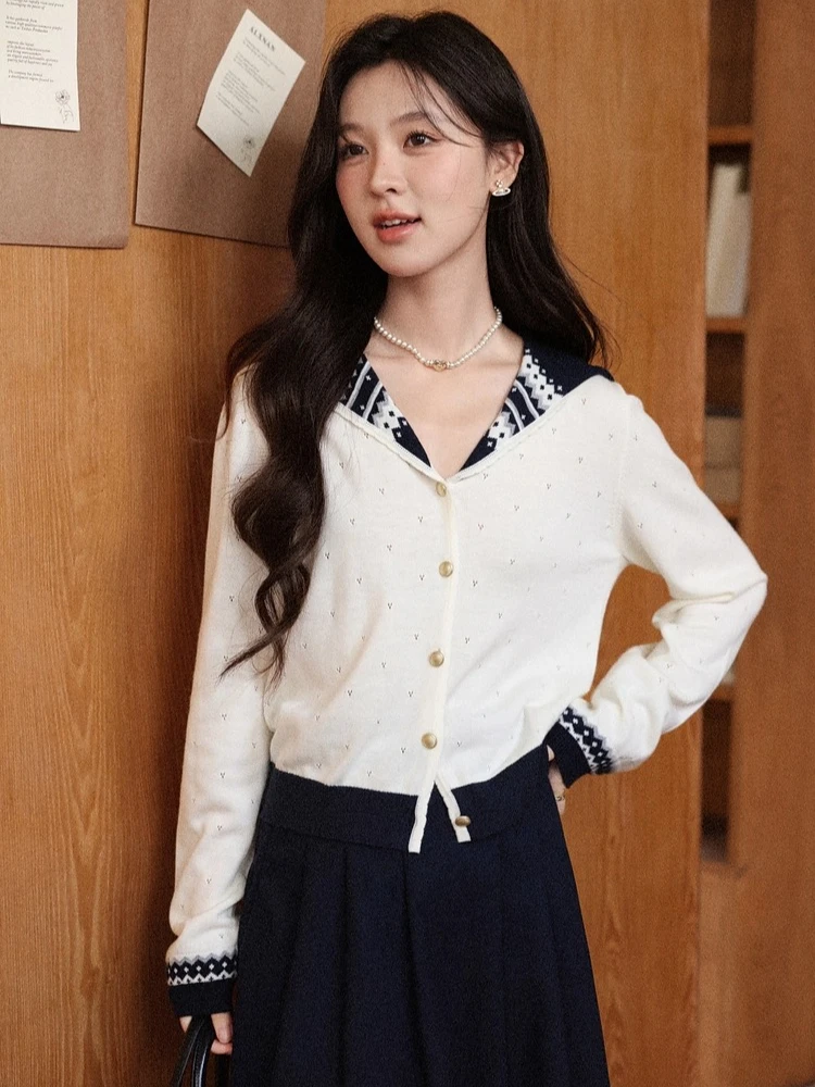 ALXNAN Strickpullover in Übergröße, Matrosenkragen, reguläre Passform, ausgehöhltes Design, Herbst, vielseitig, lässig, Pendeln, kurze Tops, D57625