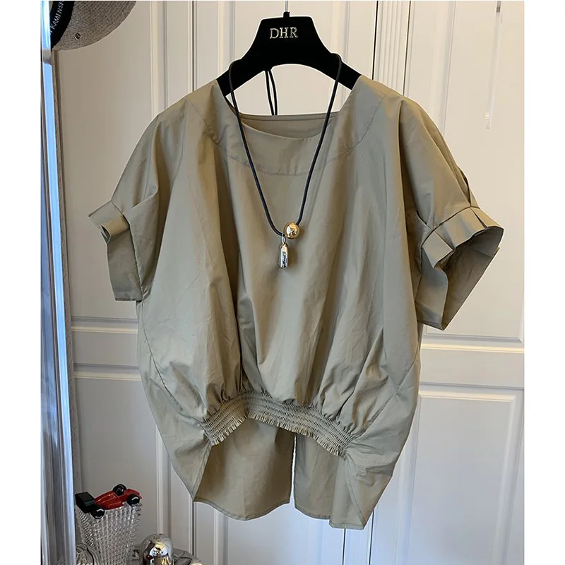 Fashion Solid Color Loose Bandage Bow Shirring Blouse Female Clothing 2023 Summer New Casual Pullovers Korean Asymmetrical Shirt