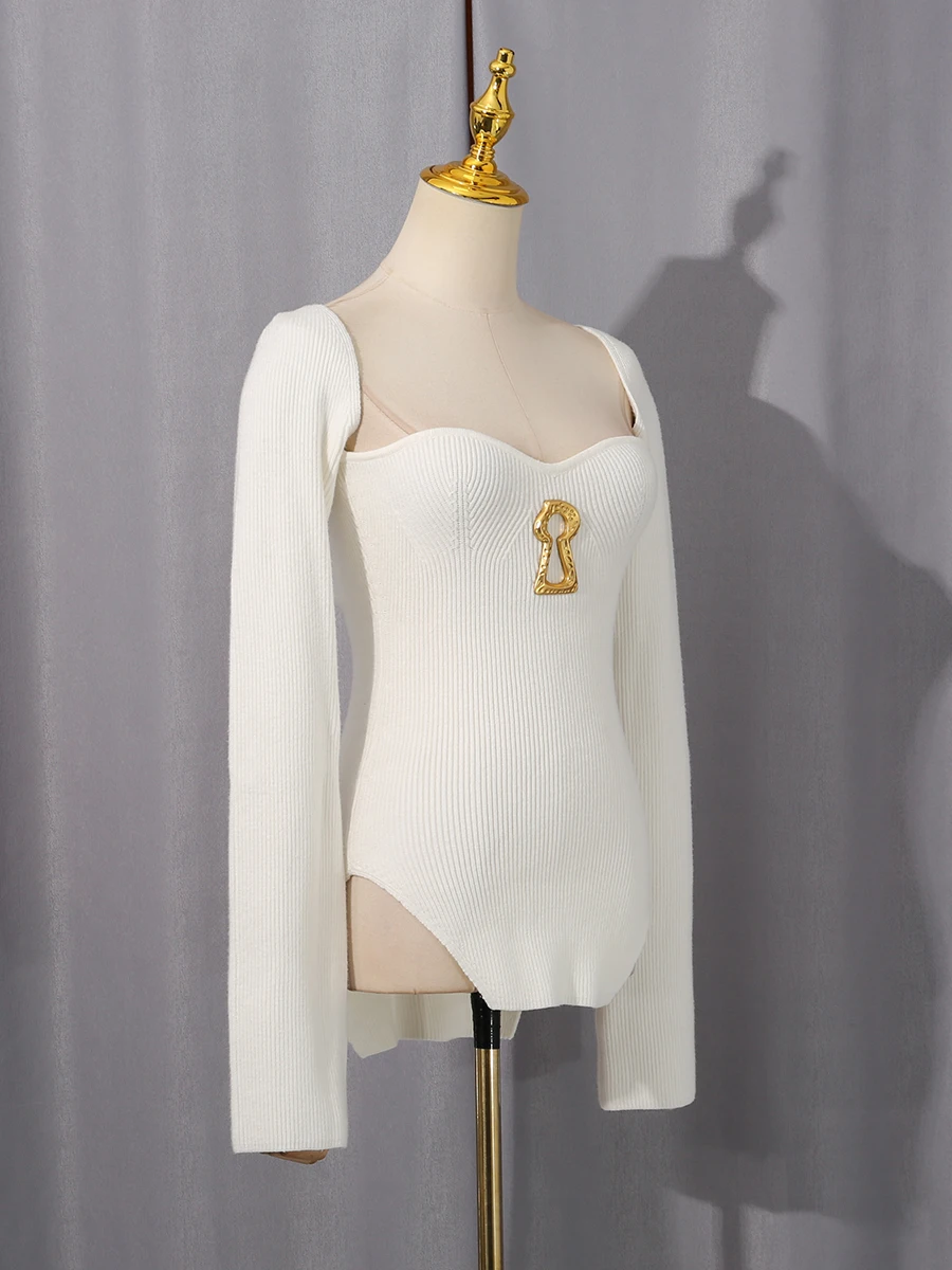 سترة محبوكة معدنية متينة متعددة الاستخدامات من VGH للنساء برقبة مربعة وأكمام طويلة سترة نسائية بمزاجية غير متماثلة #4