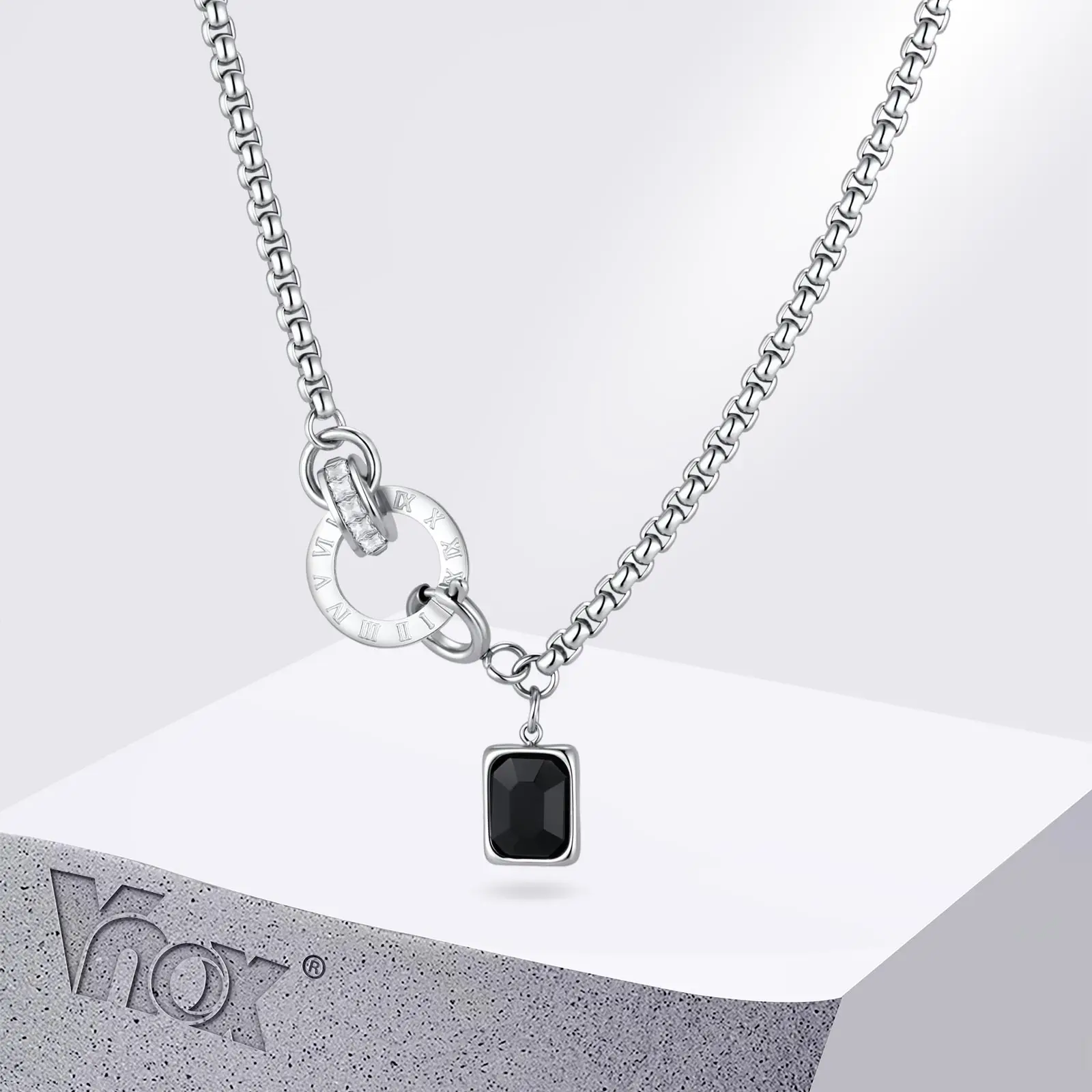 Vnox Men Stainless Steel Necklace Black Rectangle Glass Stone Roman Numeral Disc Toggle Pendant Necklaces Hip Hop Daily Jewelry