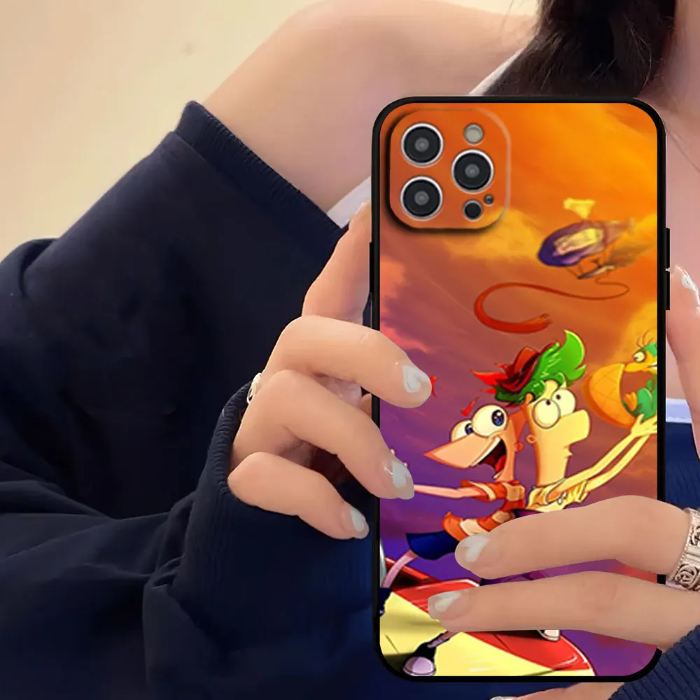 حافظة هاتف كارتون P-Phineas وF-Ferb لهاتف آيفون 16 11 12 13 14 15 Pro Max Plus غلاف ناعم أسود