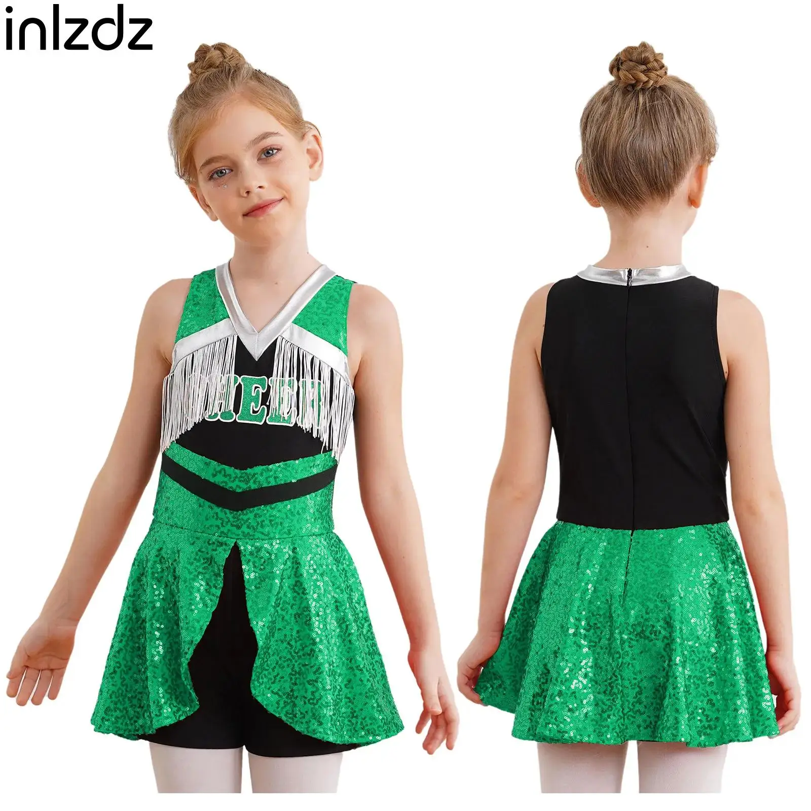 

Child Girls Sequins Tassels Cheer Leader Costume Bodysuit Sleeveless Boyshorts Jumpsuit for Birthday Party School Performance