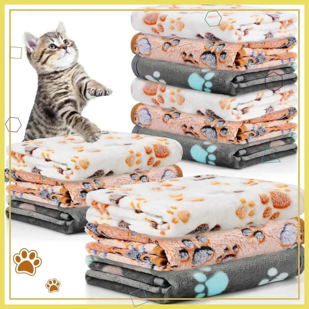 

12 Pcs Soft Fluffy Fleece Pet Blankets with Paw Print Pattern, Warm Throw for Dogs Cats (23x16 Inch, Dark Gray, White, Camel)
