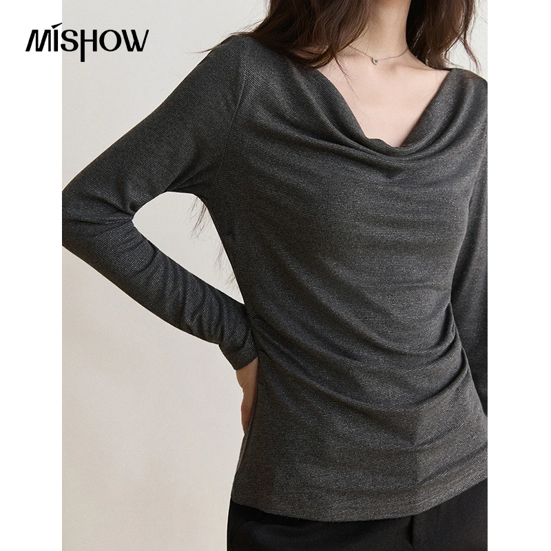 MISHOW Women's Long Sleeve Tops Shimmer Yarn Cowl Neck Layering Knit Pullover 2026 New Commuter Designer Fall Clothes MXF45T3276