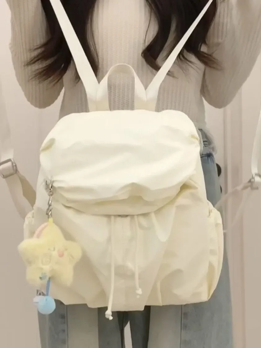 Korean Pleated Puff Drawstring Backpack Two Colors Soft Cloud Fabric Large Capacity Lazy Style Light Travel School Bag For Women