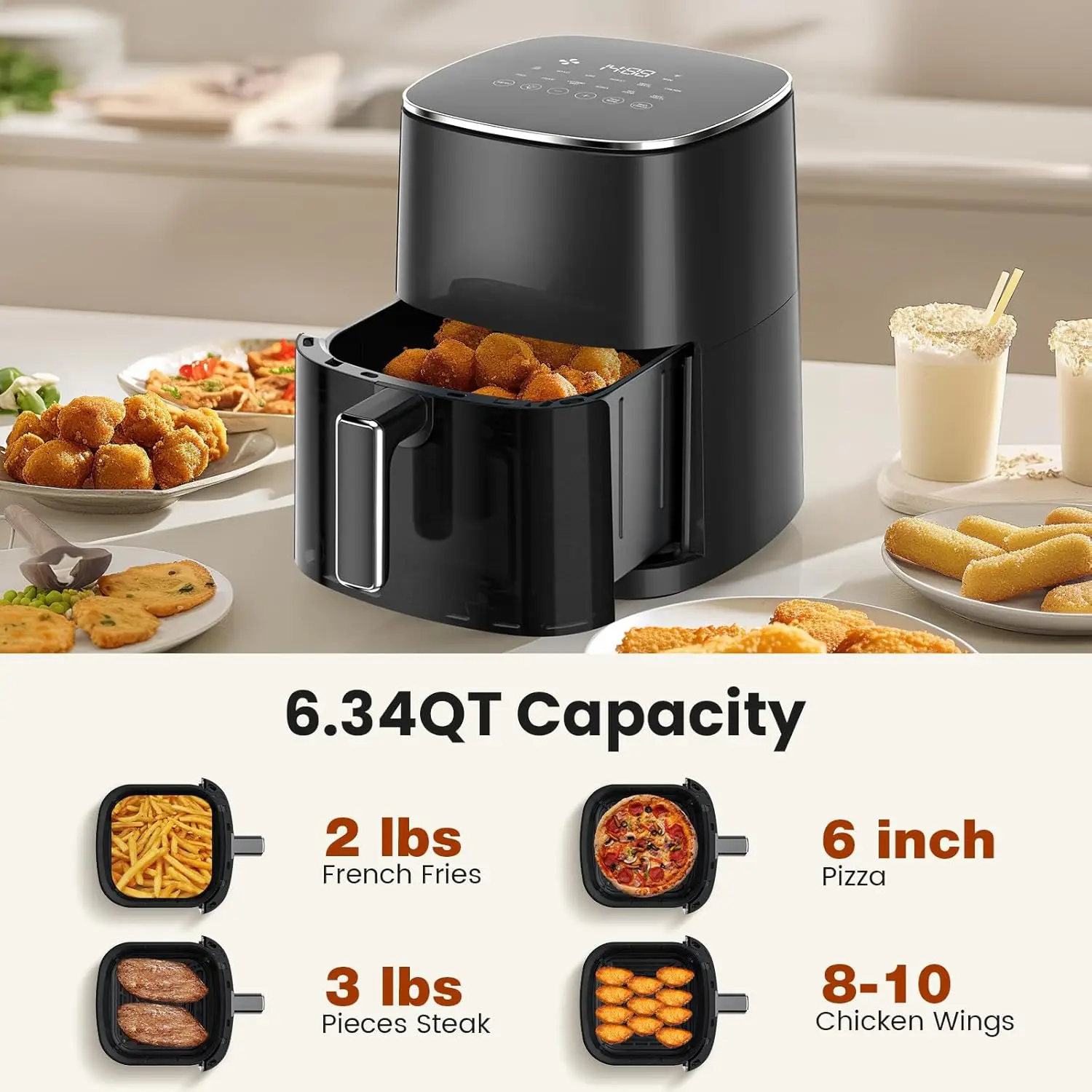 6QT Square Air Fryer with Visual Window, 400°F Fast Heating, Timer & Auto-Off, Non-Toxic Non-Stick Coating, 12 Cooking Functions