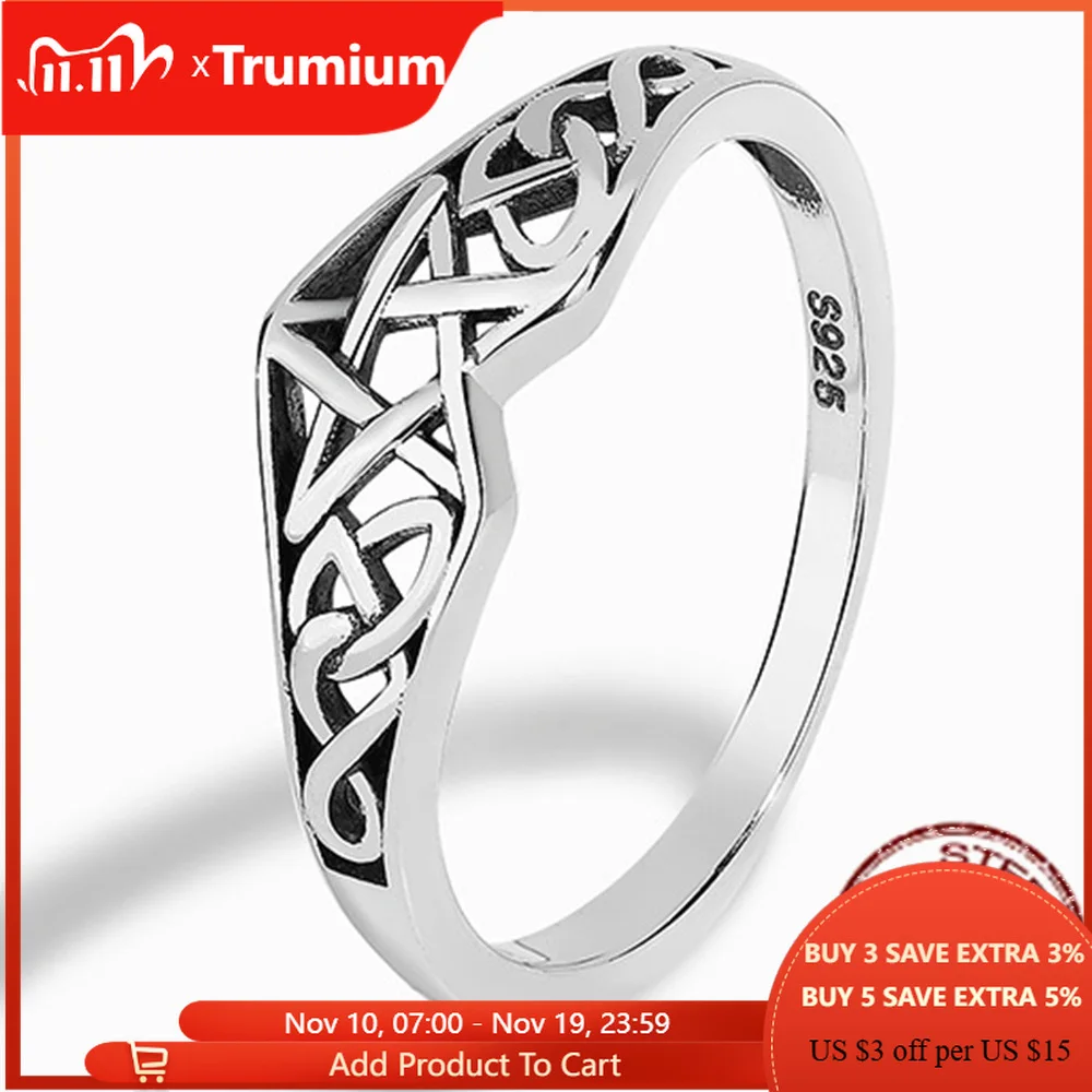 

Trumium S925 Sterling Silver Pentagram Star Women Ring Celtic Filigree Design Simple Engagement Wedding Bands Party Jewelry