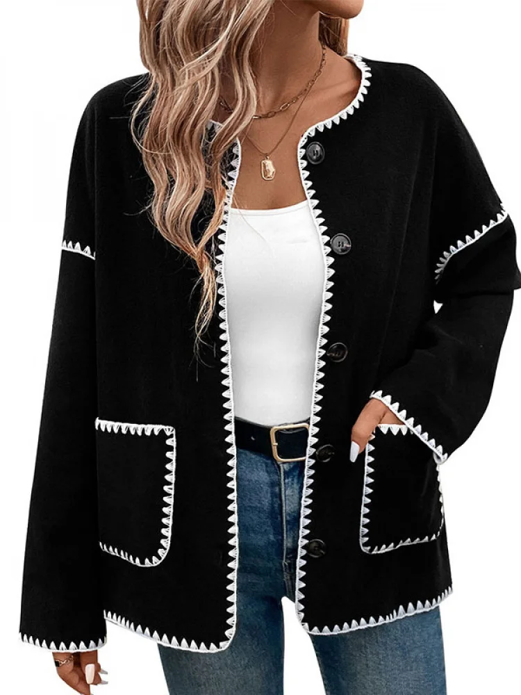 Luźny płaszcz damski oversize z białymi wykończeniami, idealny na jesień i zimę, do noszenia na co dzień, do pracy, długi płaszcz typu sweter.