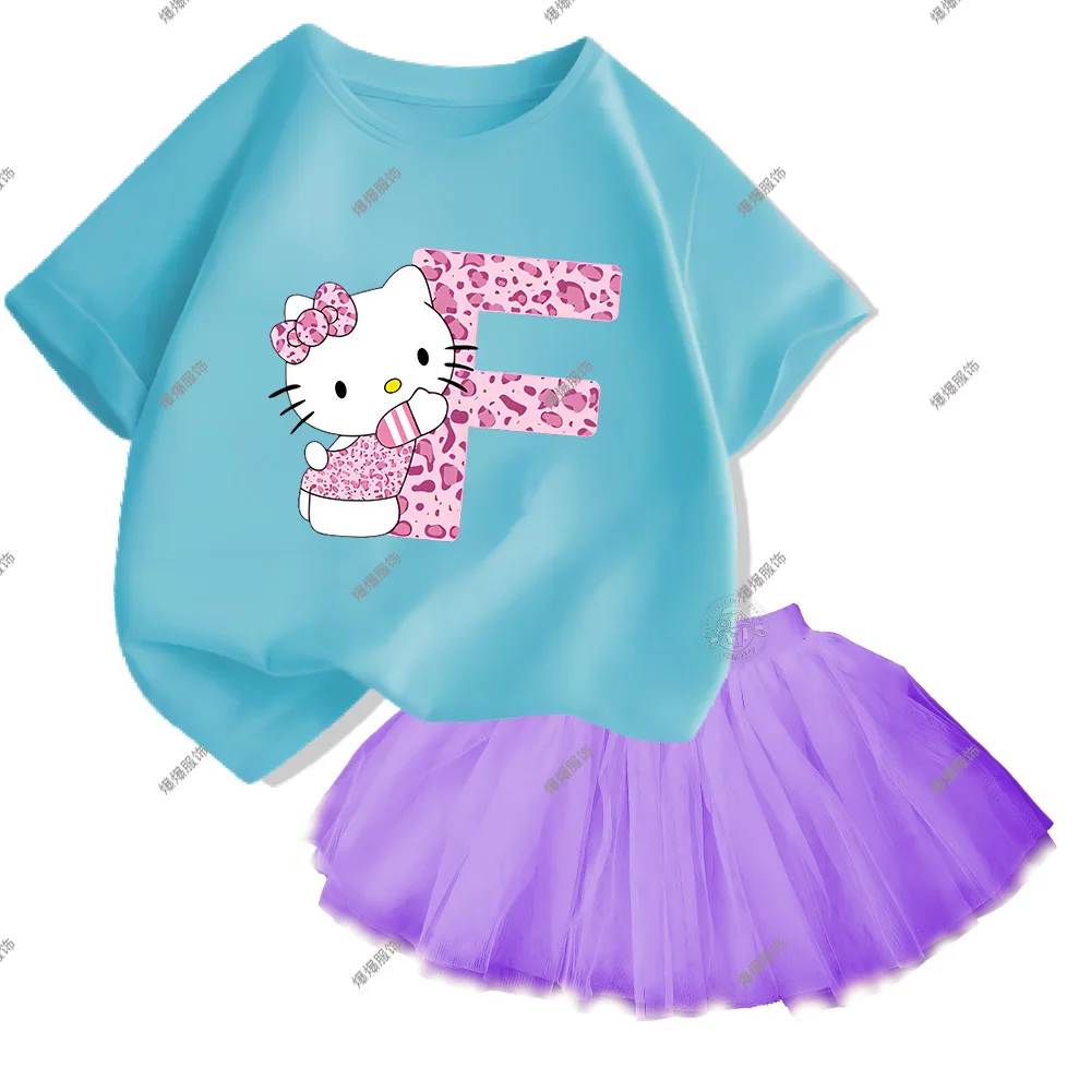 Children\'s Cotton Loose Tops Short Sleeve T-shirt and Fluffy Fashion Skirt Girls Casual Everyday Alphabet Print Hello Kitty Sets