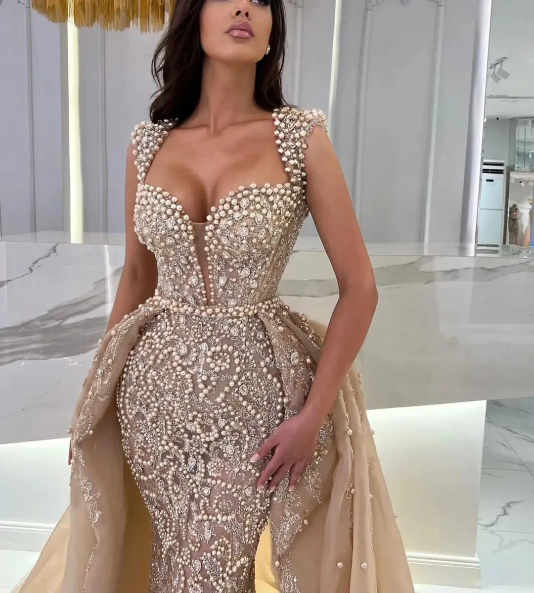 Sunnye New Glitter Luxury Beaded Evening Dresses With Detachable Train Formal Party Engagement Gowns Dresses Robe De Soiree