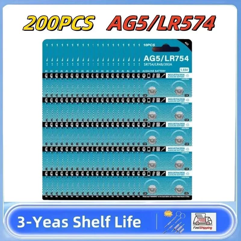 

200 шт. AG5 LR754 1,55 В батарея D309 D393 G5 G5A L754 LR48 LR754 RW28 SR48 кнопка типа «таблетка» для часов игрушечный пульт дистанционного управления