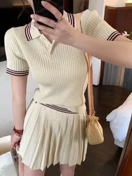 Autumn Knitted Two-piece Skirt Set Women Turn-down Collar Short Sleeve Top Pleated Mini Skirt Korean Fashion Knitting Outfits