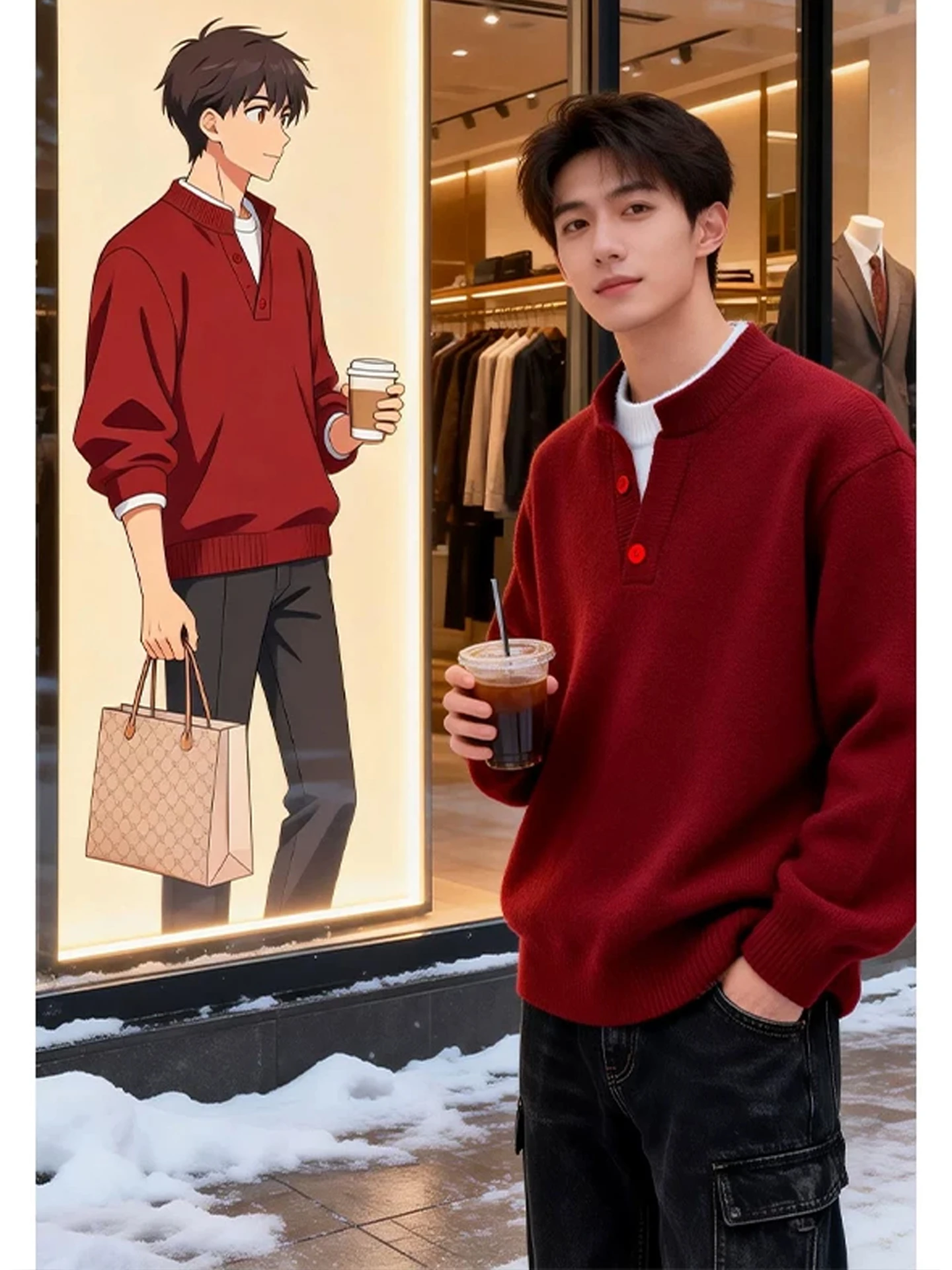 

Красный утепленный мужской свитер с воротником Хенли, зимний базовый слой, повседневный, однотонный, на молнии, теплый хлопковый свитер