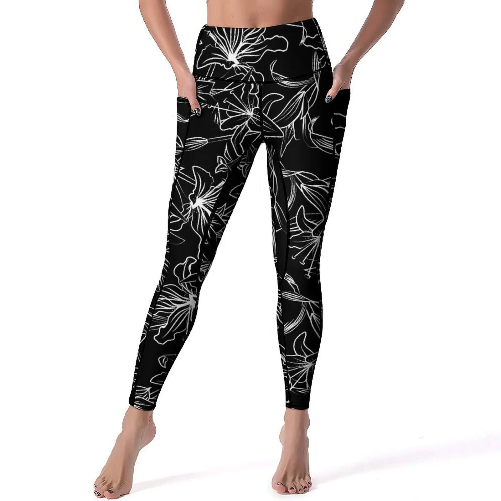 

White Lily Floral Leggings Sexy Flowers Print High Waist Yoga Pants Casual Stretchy Leggins Female Graphic Gym Sport Legging