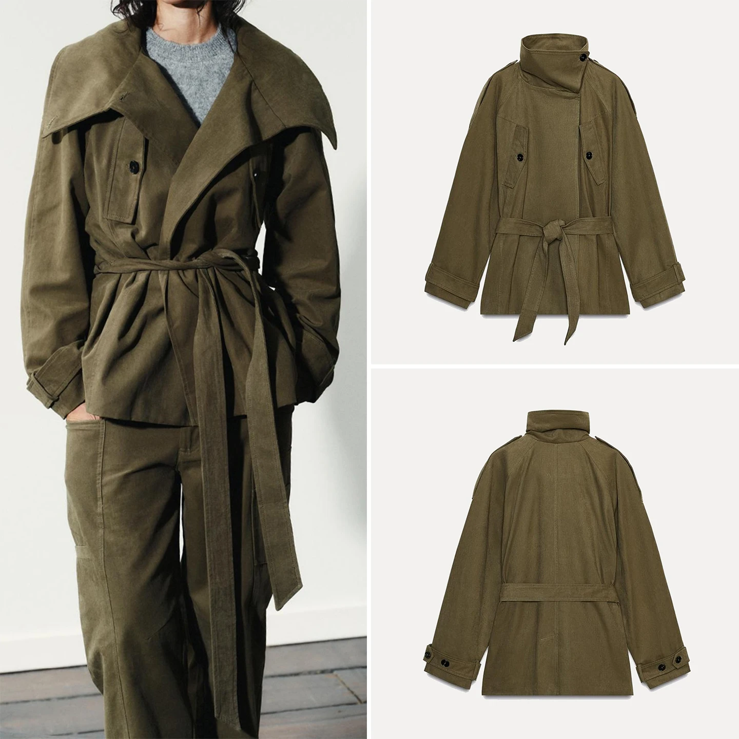 

Z Women's Faionable Cotton Coat with Belt Long Sve Stand Collar Windbreaker Spring Autumn Seasonal Loose Fit Sle