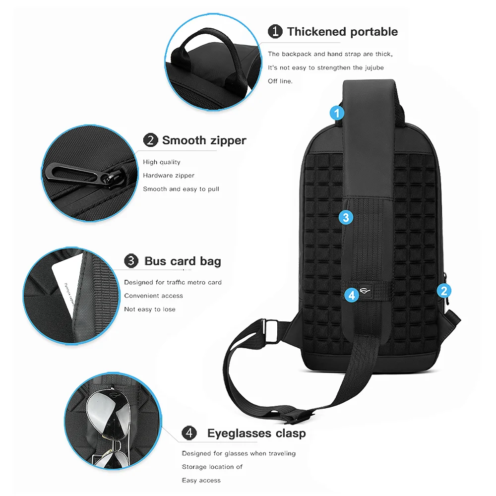 Heroic Knight Men’s Chest Bag Waterproof Short Trip Male Crossbody Bag Packs With USB Charging Port Multifuctional Shoulder Pack