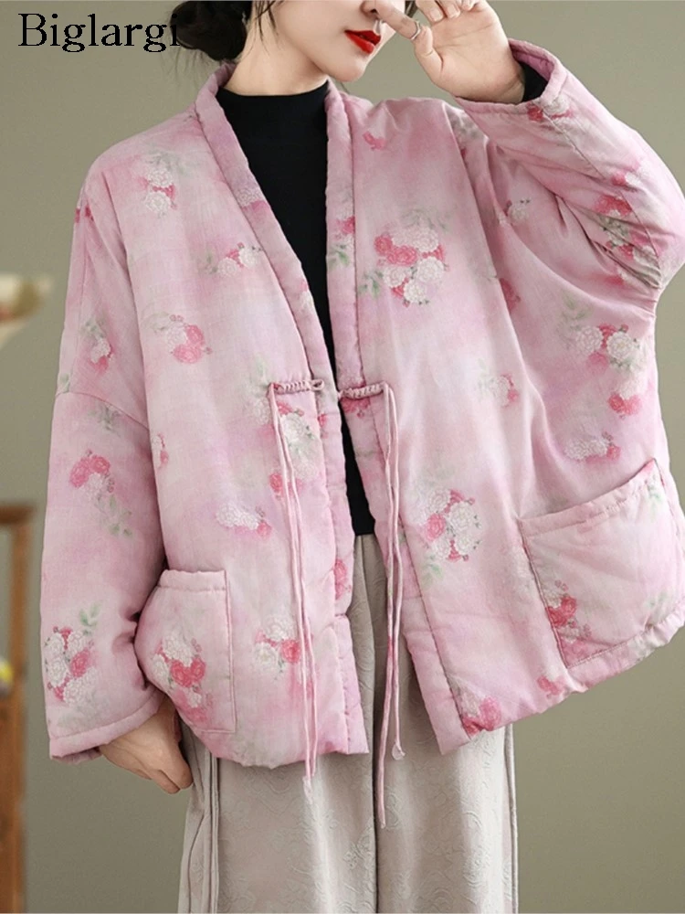

Оверсайз, осенне-зимнее стеганое хлопковое розовое пальто, женское модное женское пальто в китайском стиле с цветочным принтом, свободное повседневное женское пальто