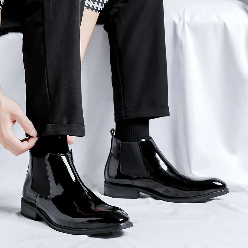 men fashion chelsea boots patent leather shoes business wedding dress pointed toe cowboy ankle boot black trendy short botas man