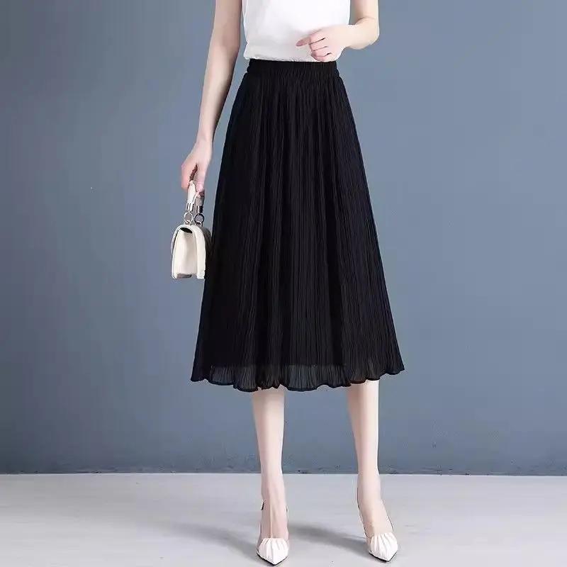 

Женская черная плиссированная юбка миди с завышенной талией, свободного кроя А-силуэта, повседневная, нарядная, из легкого шифона, для ежедневной носки и торжественных мероприятий