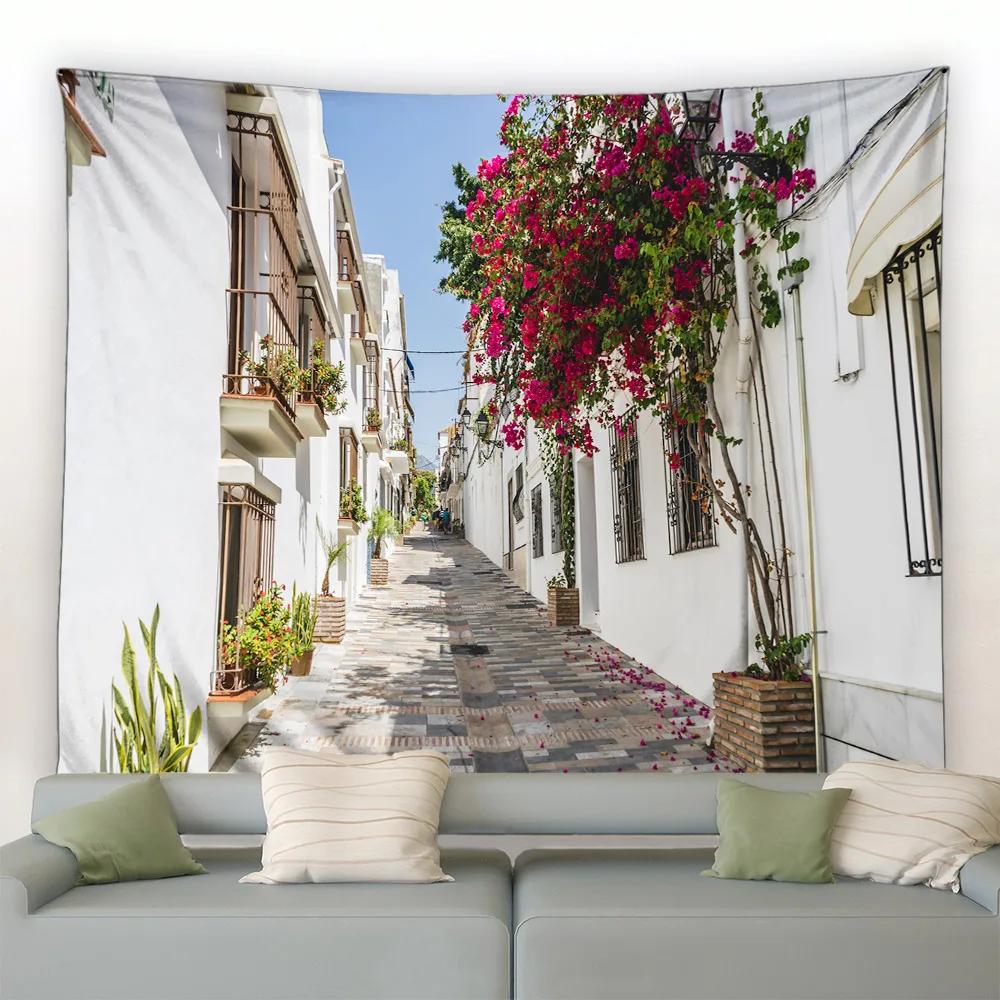 Landscape Wall Hanging Tapestry Italy Rural Small Town Street Architecture Retro Style Background Decor Hippie Bedroom Blanket