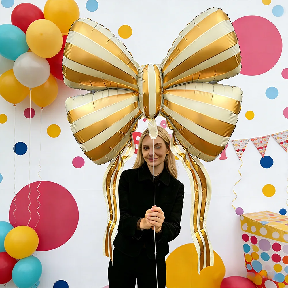 Lot de 2 ballons géants en aluminium à nœud rayé de 60 pouces, ballons Mylar à ruban grand format à hélium, forme de nœud esthétique or mat D