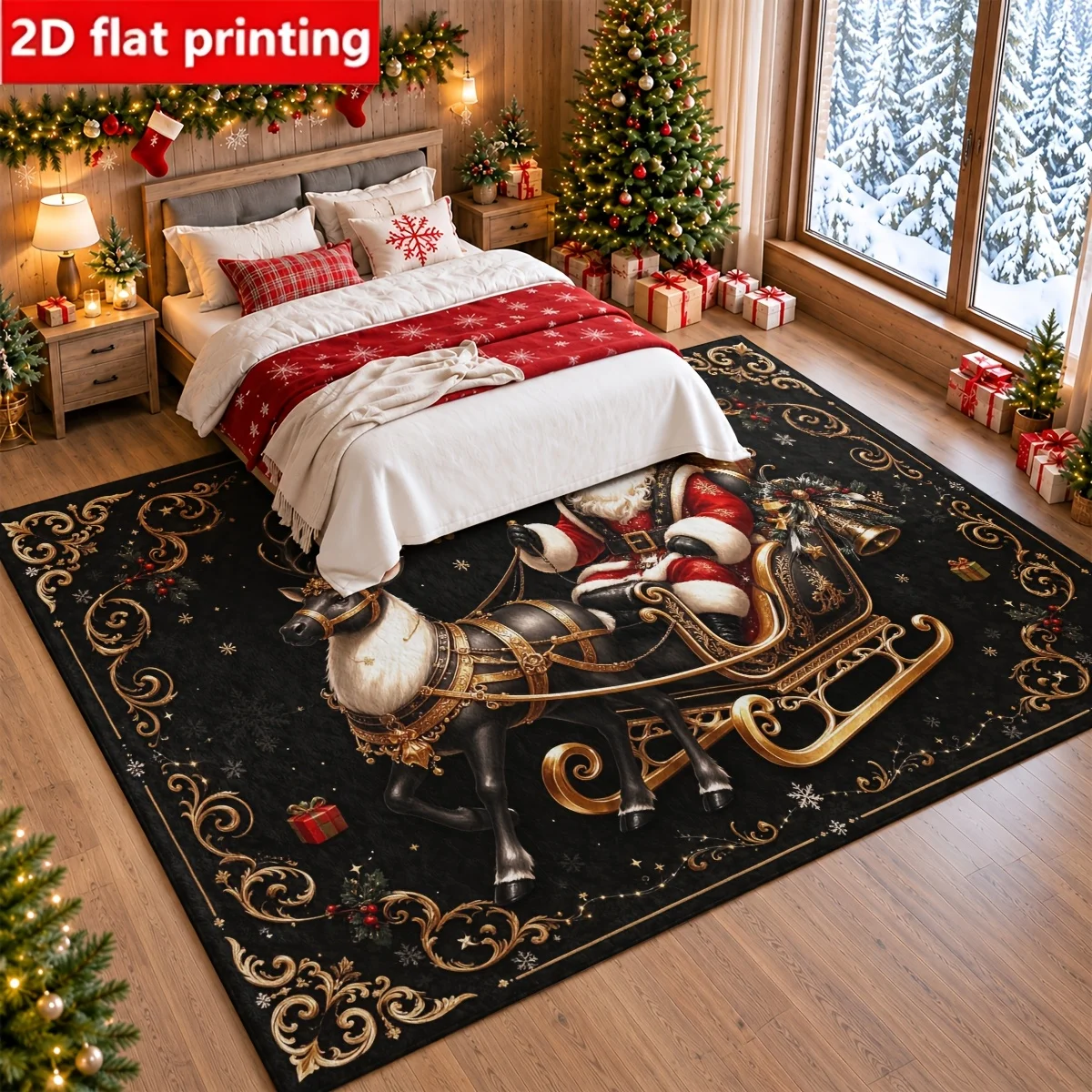 1pc 2D Flat Vintage Santa Claus Golden Sleigh Ornate Border Printed Floor Mat, Decorative Rug for Living Room, Bedroom, Home