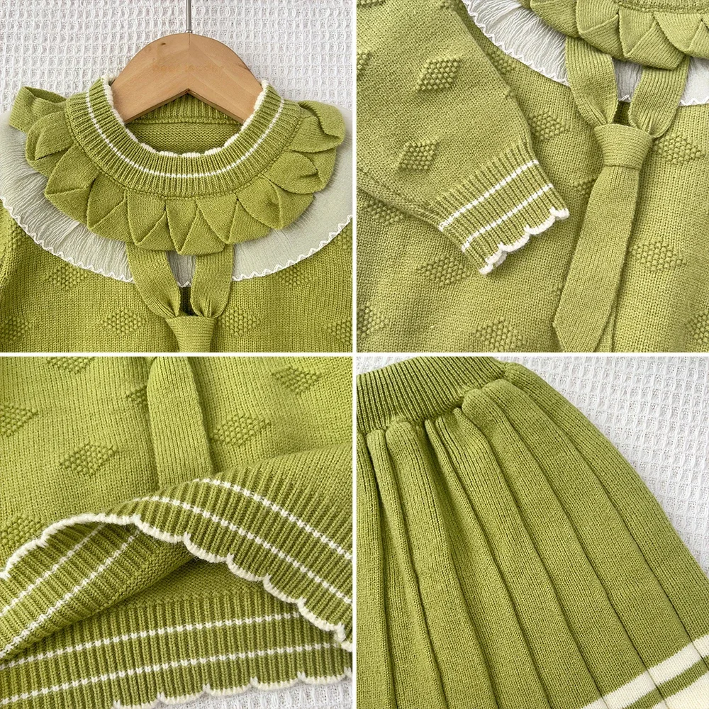 Herbst- und Winter-Set für süße Babymädchen: Gestrickter Pullover, modische Kinderkleidung, zweiteiliges Set für Mädchen, grünes langärmeliges Oberteil + Faltenrock – Detail 10